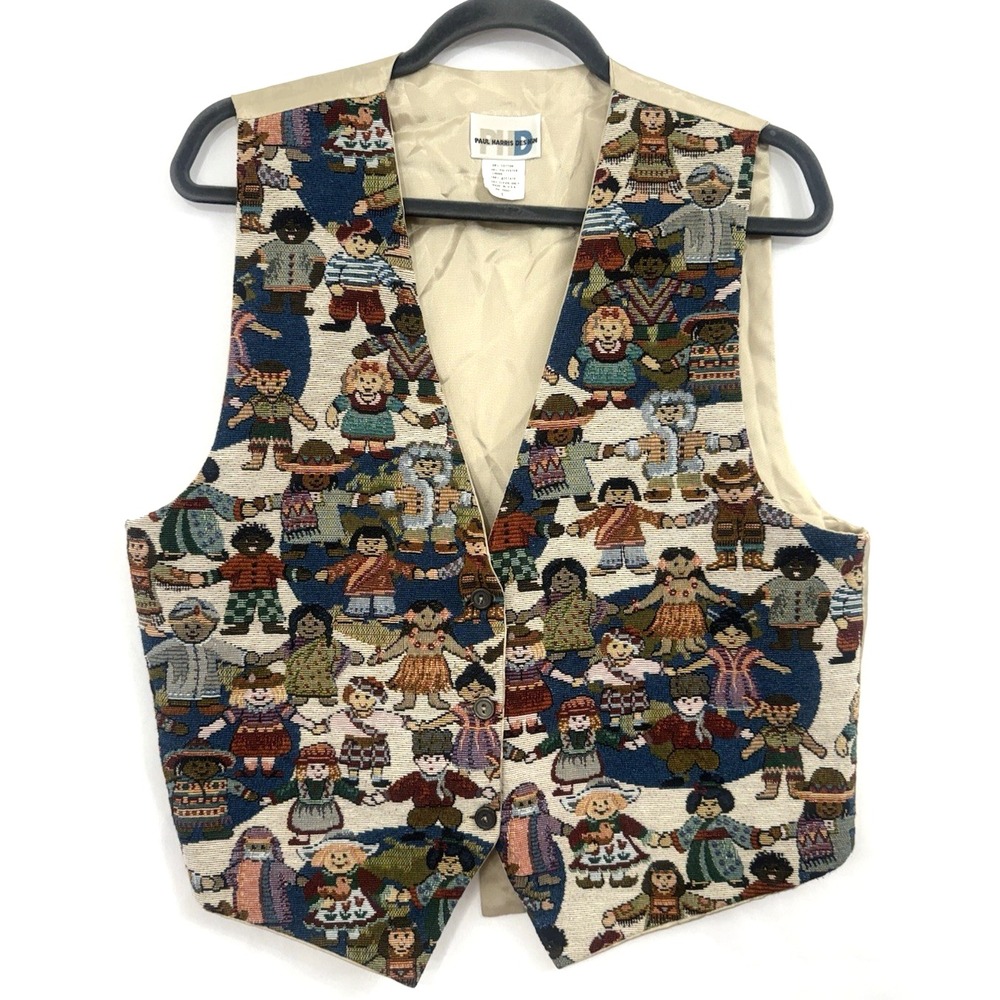 VTG 90's Paul Harris Design Children of the World Tapestry Vest Womens Size L